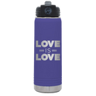 Laser etched purple 20 oz vacuum insulated water bottle with 'Love is Love' design