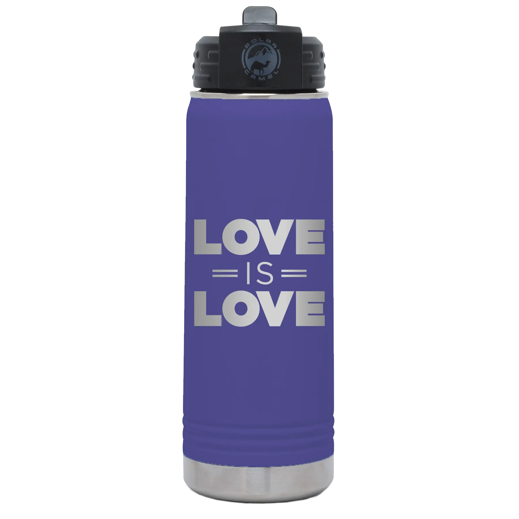 Laser etched purple 20 oz vacuum insulated water bottle with 'Love is Love' design