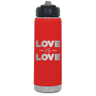 Laser etched red 20 oz vacuum insulated water bottle with 'Love is Love' design