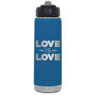 Laser etched royal blue 20 oz vacuum insulated water bottle with 'Love is Love' design