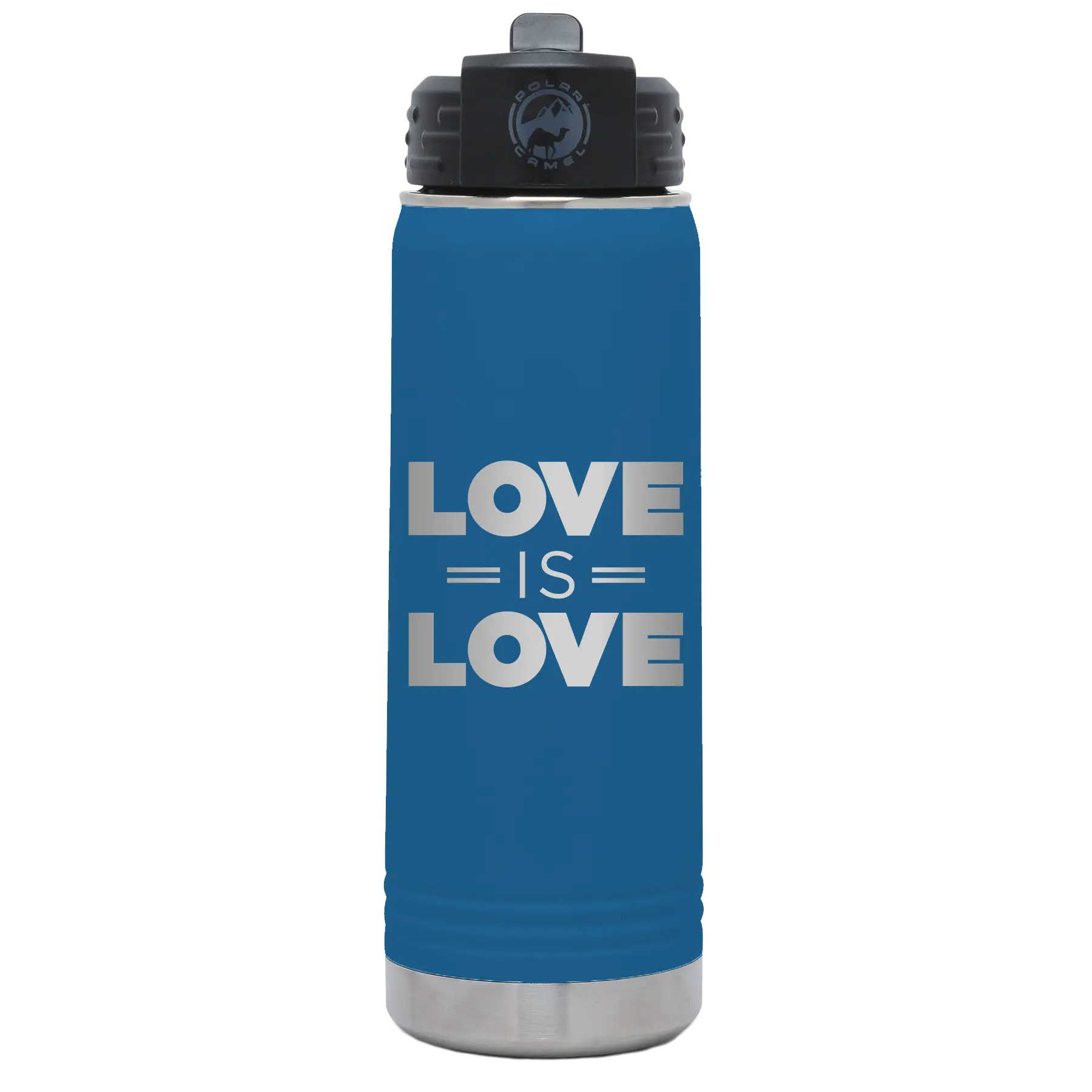 Laser etched royal blue 20 oz vacuum insulated water bottle with 'Love is Love' design