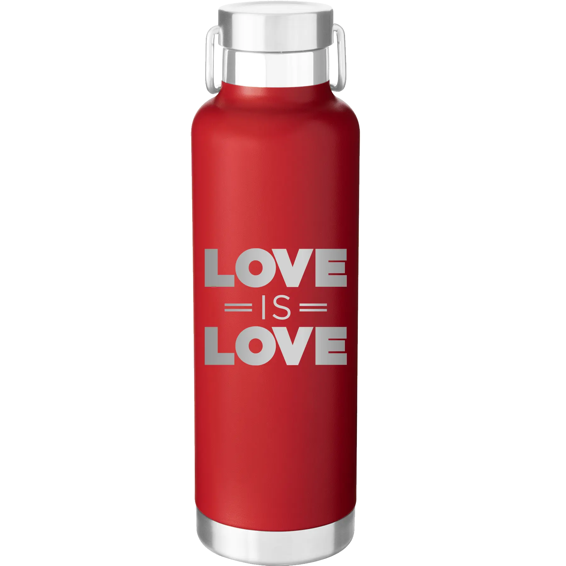 Laser etched red 24 oz vacuum insulated water bottle with 'Love is Love' design