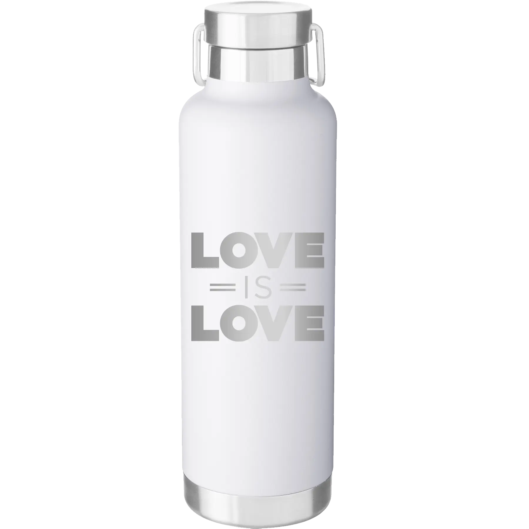 Laser etched white 24 oz vacuum insulated water bottle with 'Love is Love' design