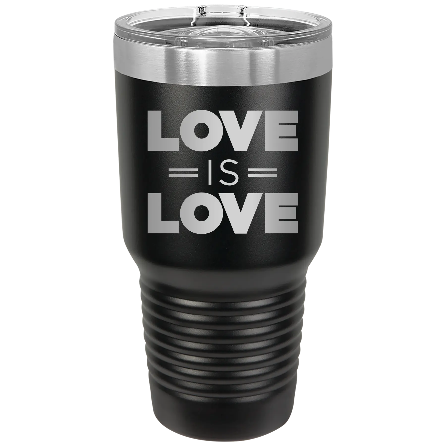 Laser etched black 30 oz vacuum insulated tumbler with 'Love is Love' design