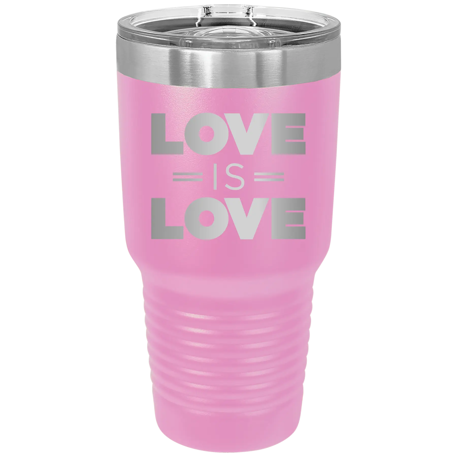 Laser etched light purple 30 oz vacuum insulated tumbler with 'Love is Love' design