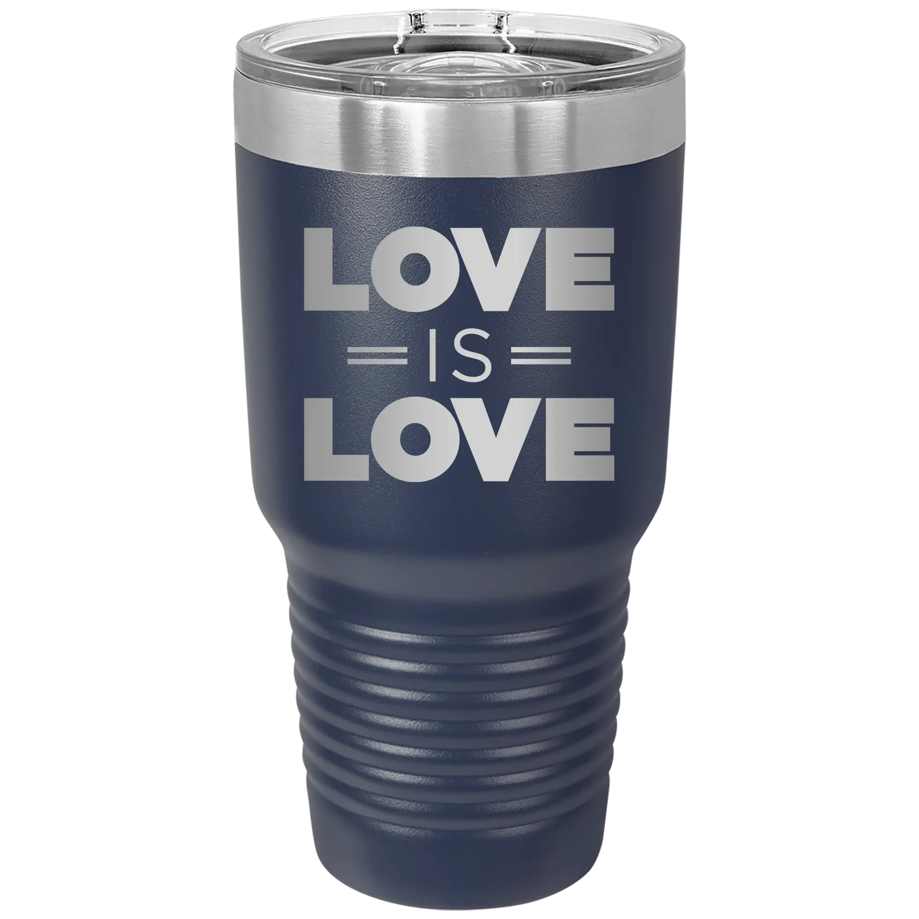 Laser etched navy 30 oz vacuum insulated tumbler with 'Love is Love' design