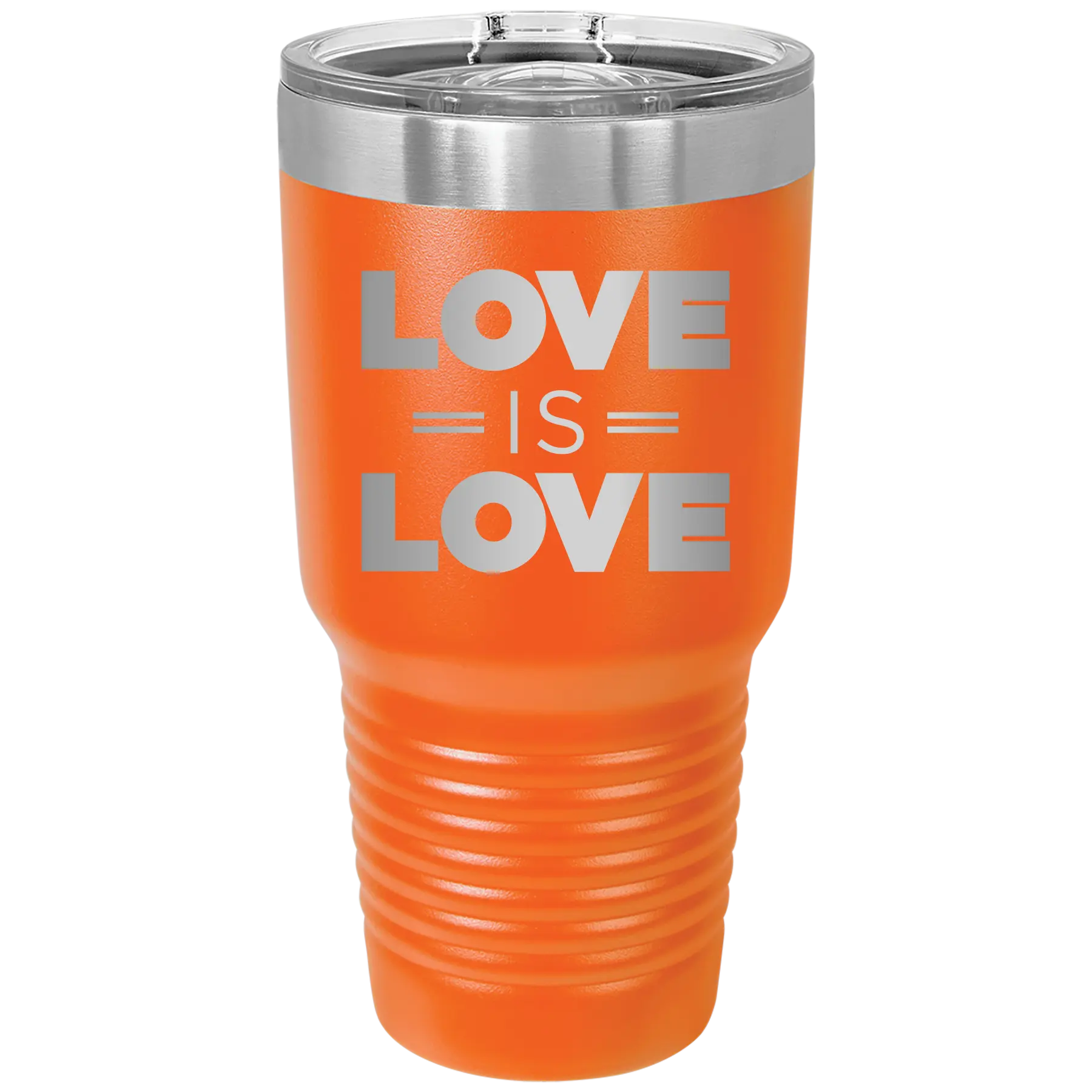 Laser etched orange 30 oz vacuum insulated tumbler with 'Love is Love' design
