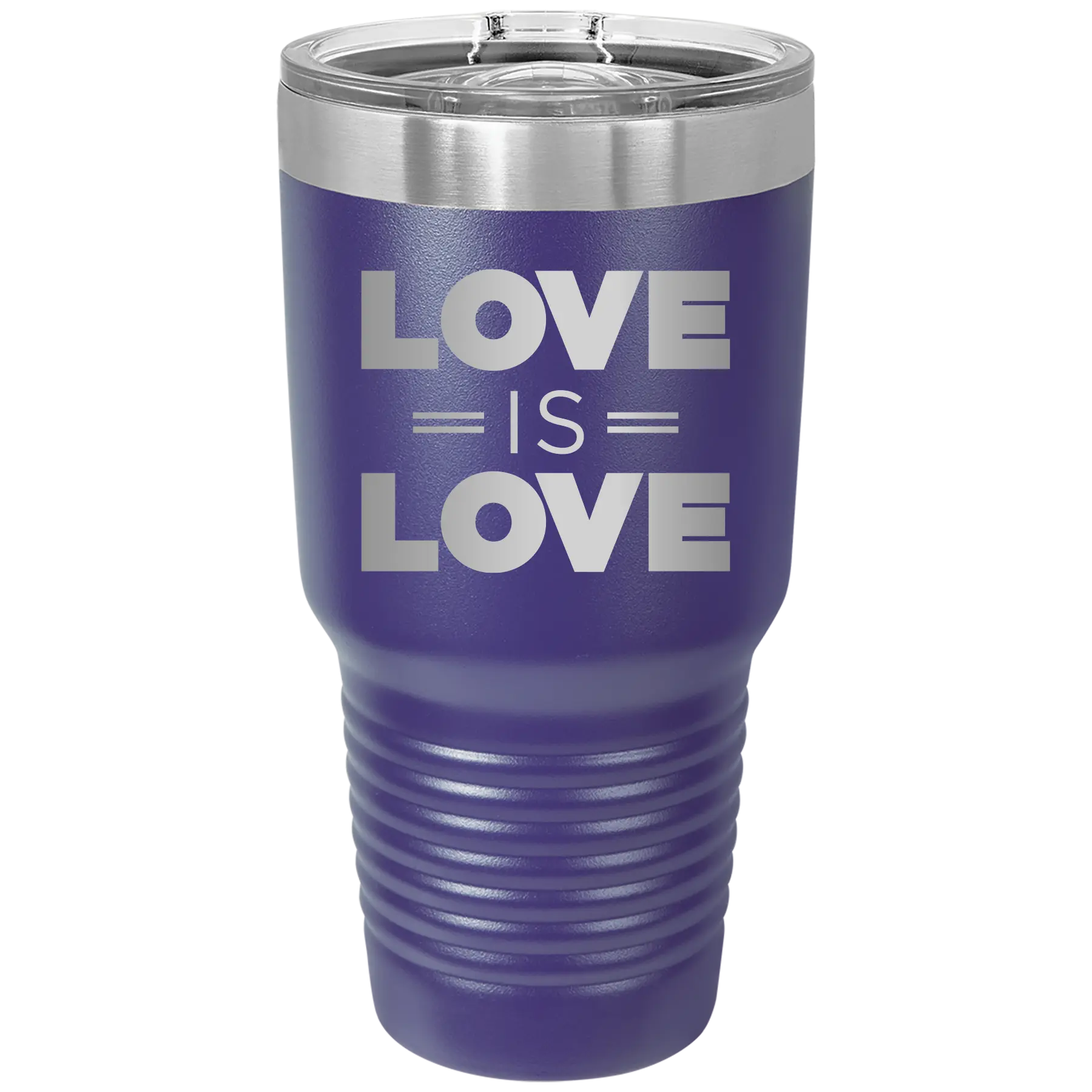 Laser etched purple 30 oz vacuum insulated tumbler with 'Love is Love' design