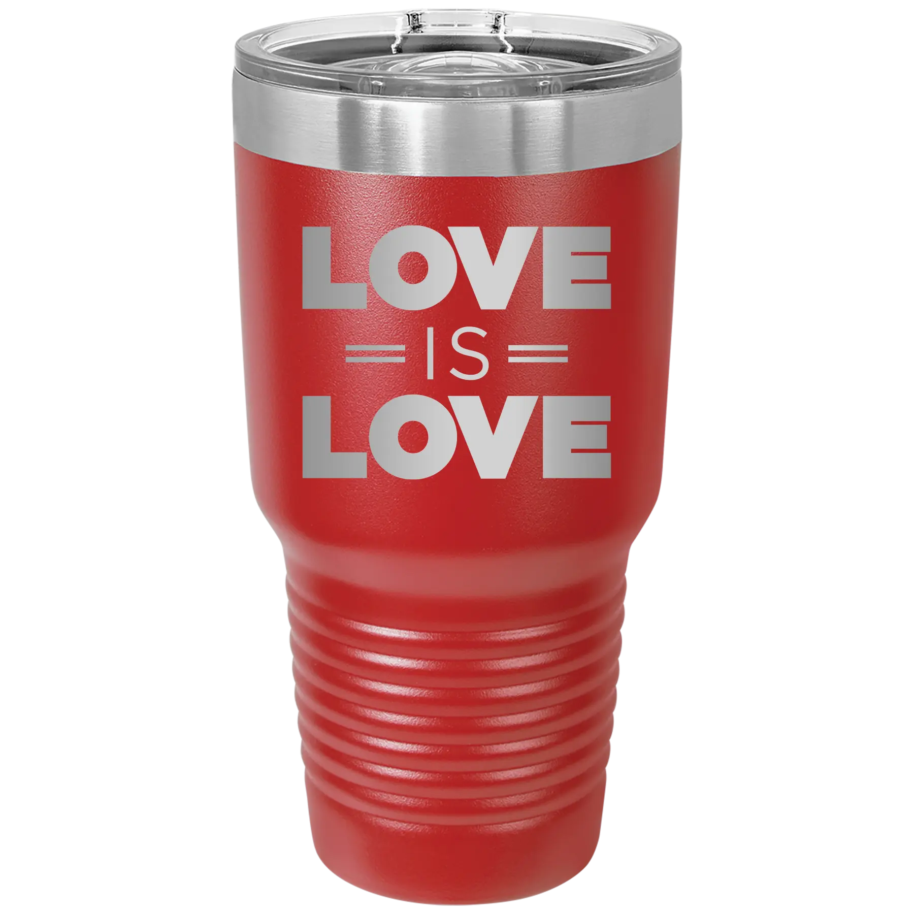 Laser etched red 30 oz vacuum insulated tumbler with 'Love is Love' design