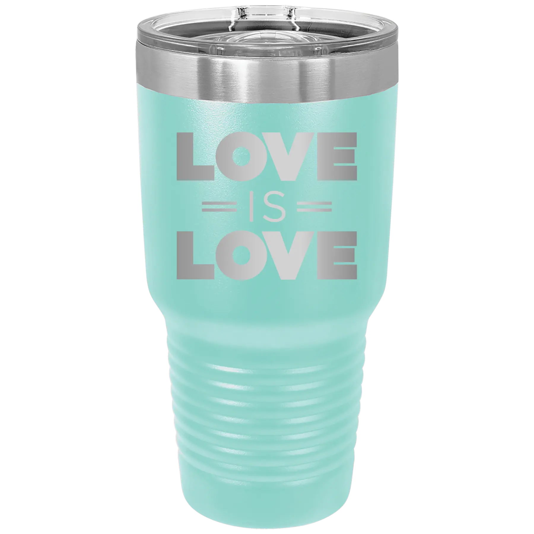 Laser etched teal 30 oz vacuum insulated tumbler with 'Love is Love' design