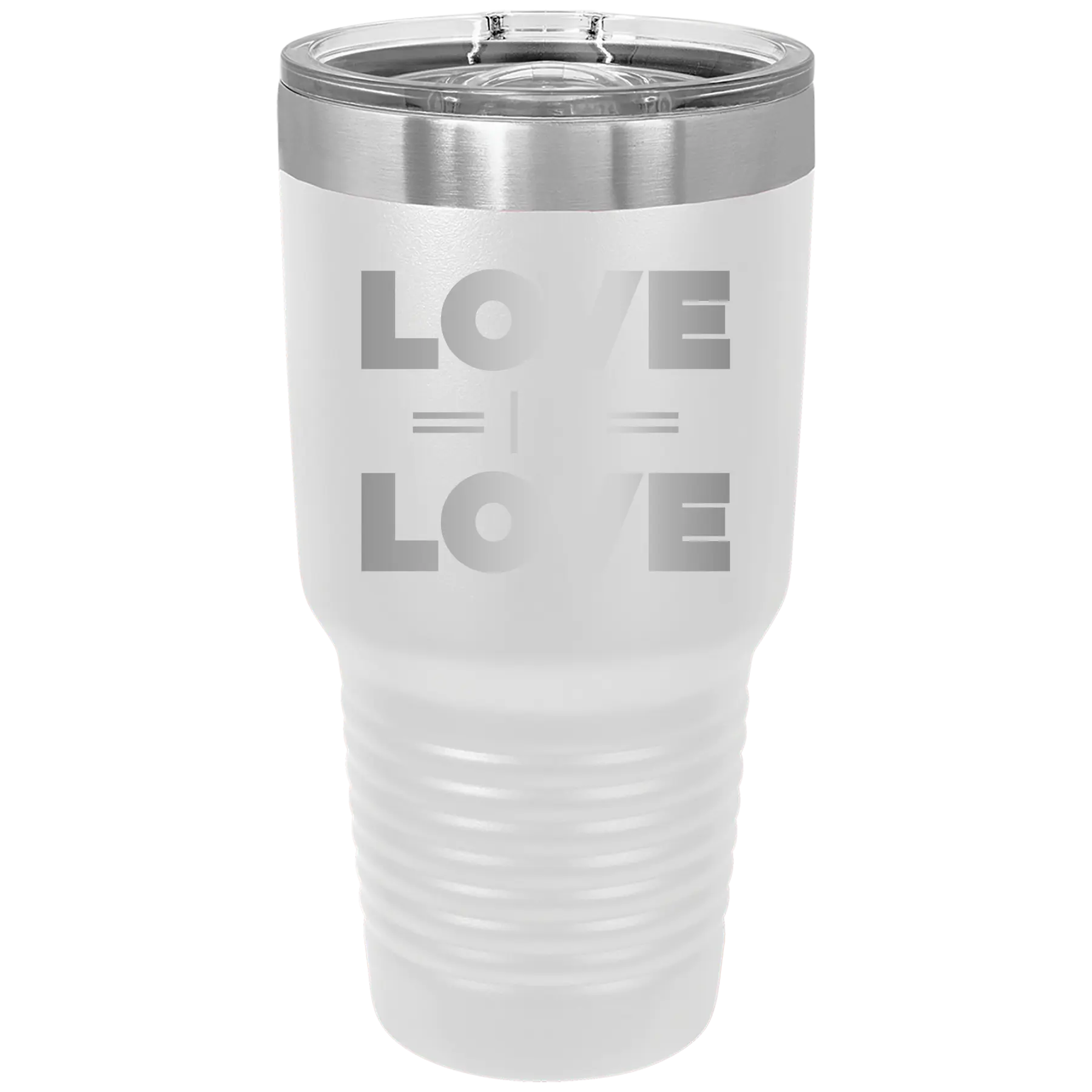 Laser etched white 30 oz vacuum insulated tumbler with 'Love is Love' design