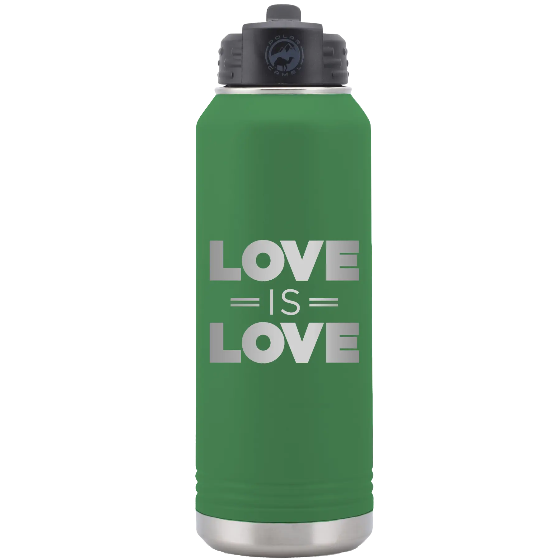 Laser etched green 32 oz vacuum insulated water bottle with 'Love is Love' design
