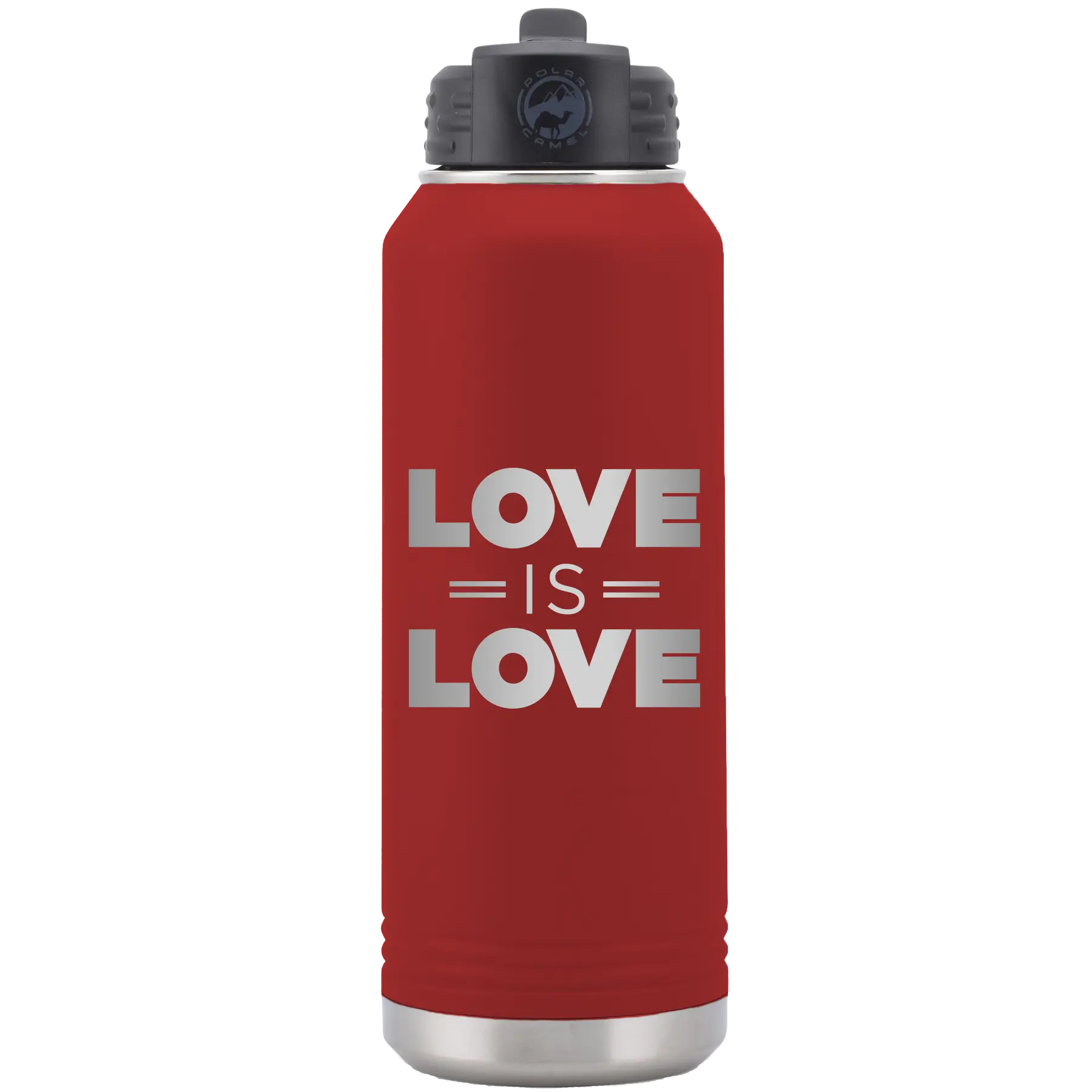 Laser etched maroon 32 oz vacuum insulated water bottle with 'Love is Love' design