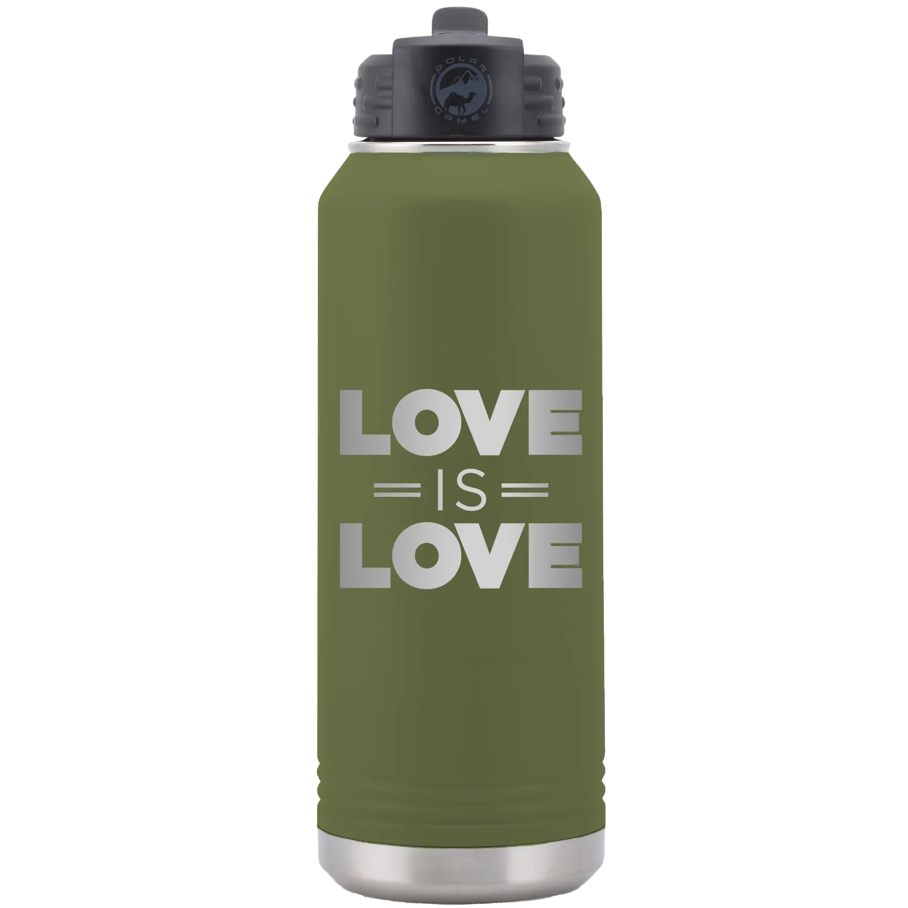 Laser etched olive green 32 oz vacuum insulated water bottle with 'Love is Love' design