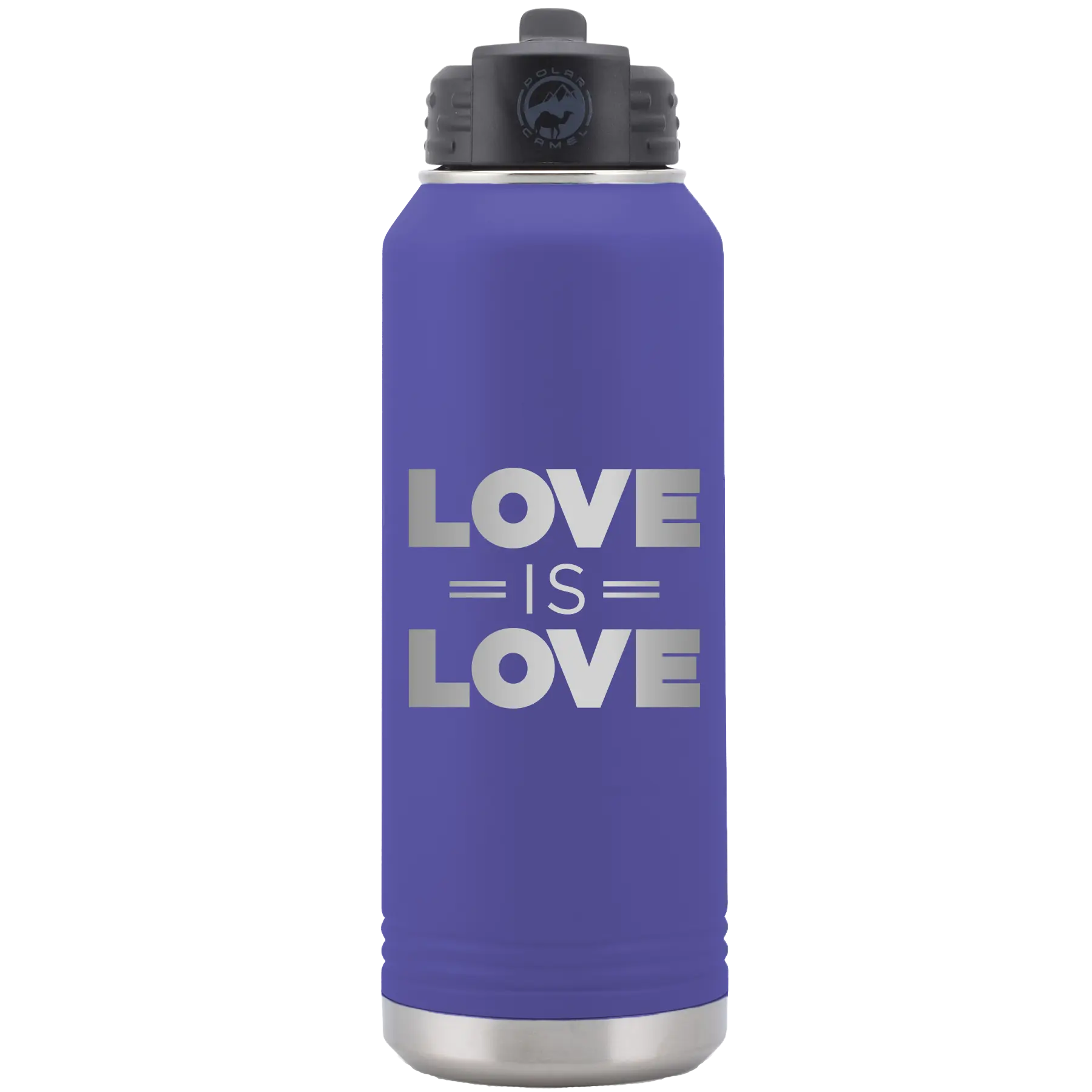 Laser etched purple 32 oz vacuum insulated water bottle with 'Love is Love' design