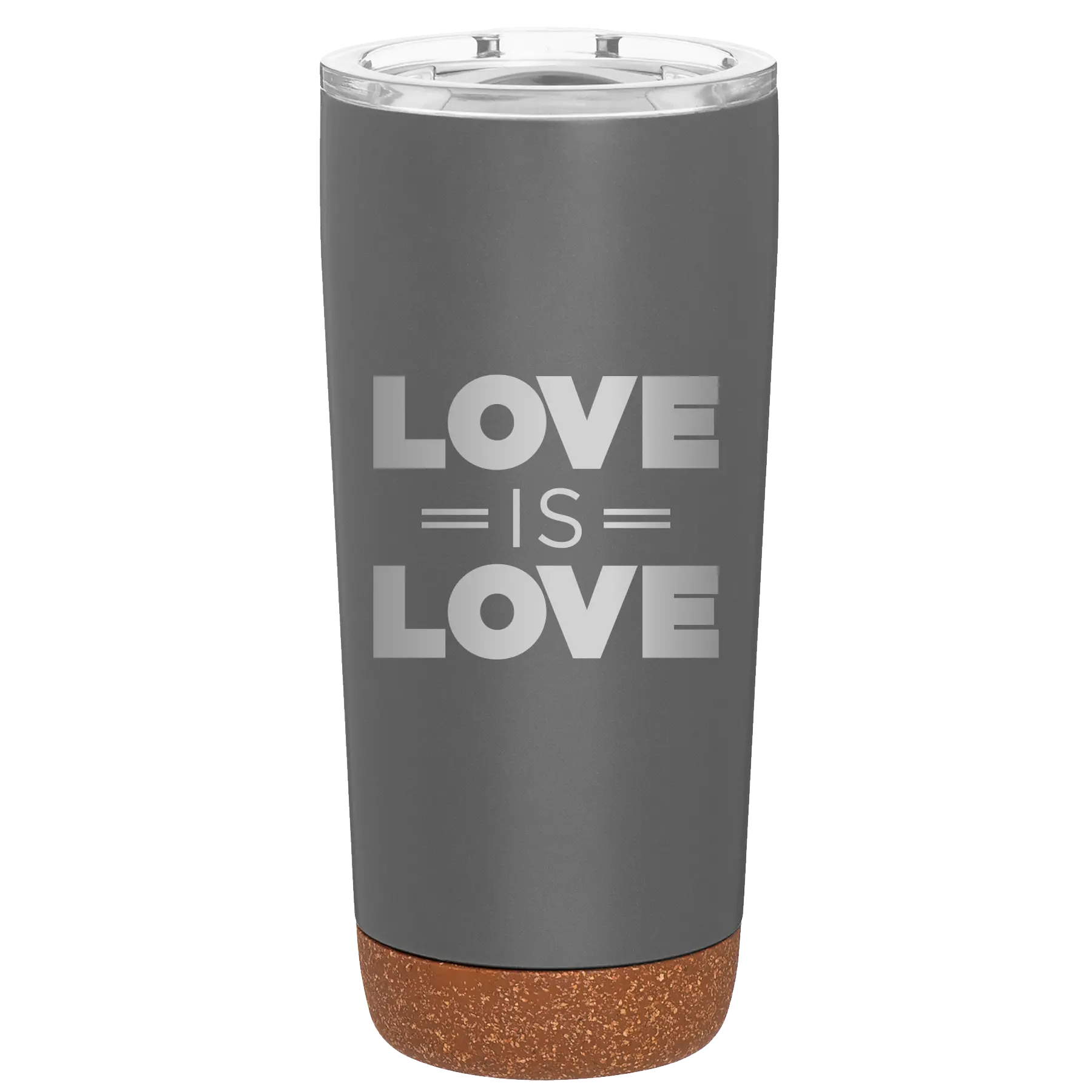 Laser etched storm gray 20 oz vacuum insulated tumbler with 'Love is Love' design