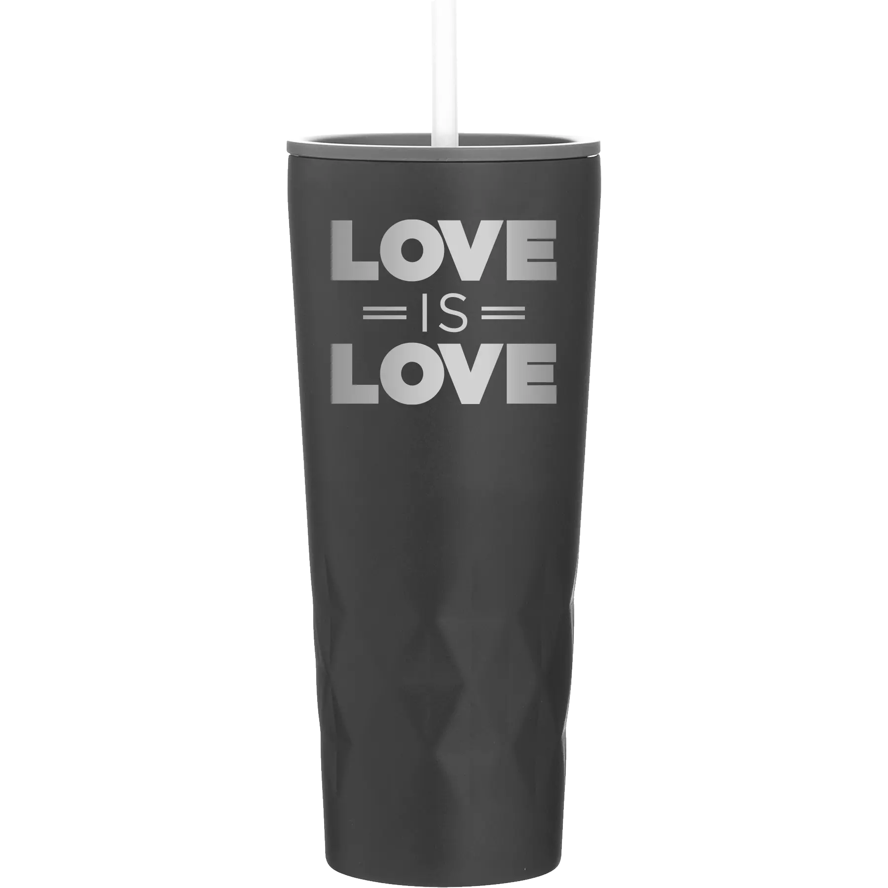 Laser etched black 20 oz vacuum insulated tumbler with 'Love is Love' design