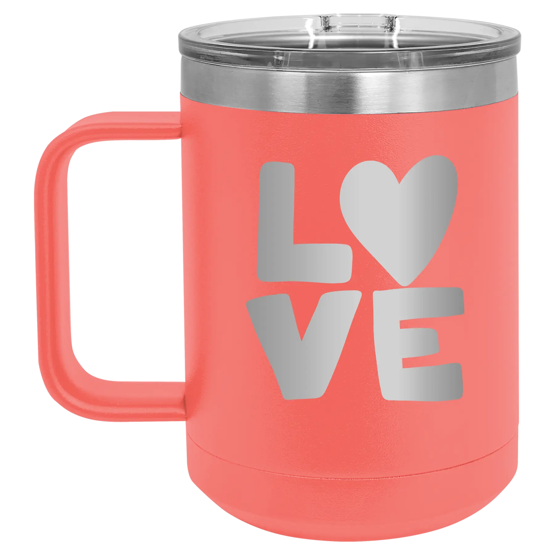 Laser etched coral 15 oz vacuum insulated coffee mug with 'Love' design