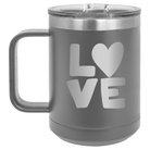 Laser etched dark gray 15 oz vacuum insulated coffee mug with 'Love' design