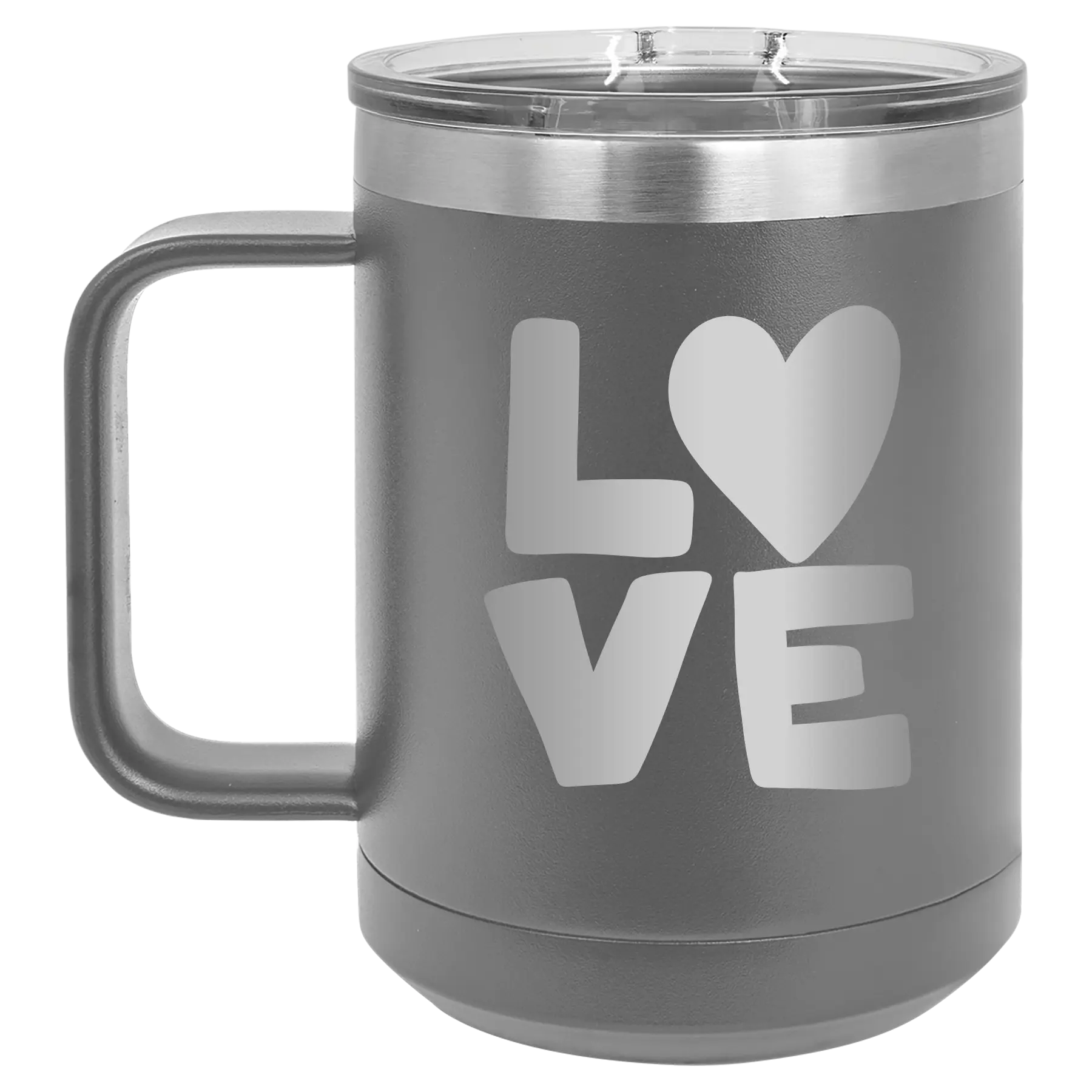 Laser etched dark gray 15 oz vacuum insulated coffee mug with 'Love' design