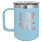 Laser etched light blue 15 oz vacuum insulated coffee mug with 'Love' design