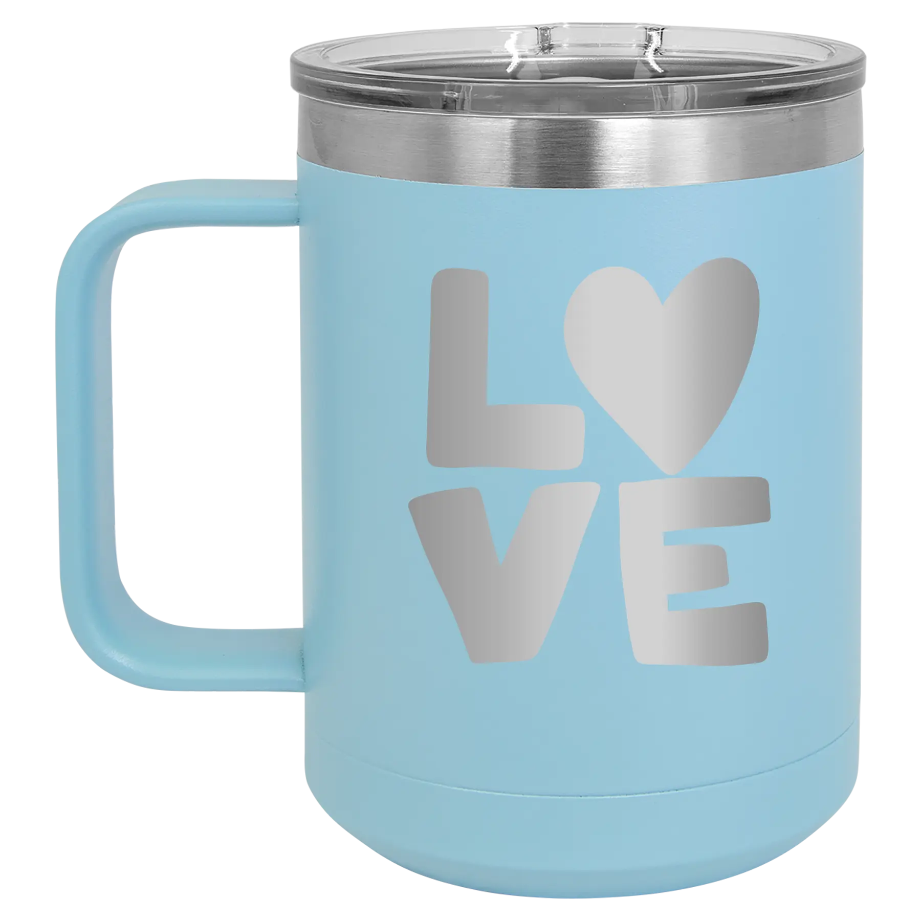 Laser etched light blue 15 oz vacuum insulated coffee mug with 'Love' design