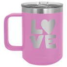 Laser etched light purple 15 oz vacuum insulated coffee mug with 'Love' design