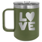Laser etched olive green 15 oz vacuum insulated coffee mug with 'Love' design