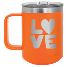 Laser etched orange 15 oz vacuum insulated coffee mug with 'Love' design