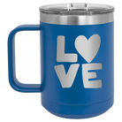 Laser etched royal blue 15 oz vacuum insulated coffee mug with 'Love' design