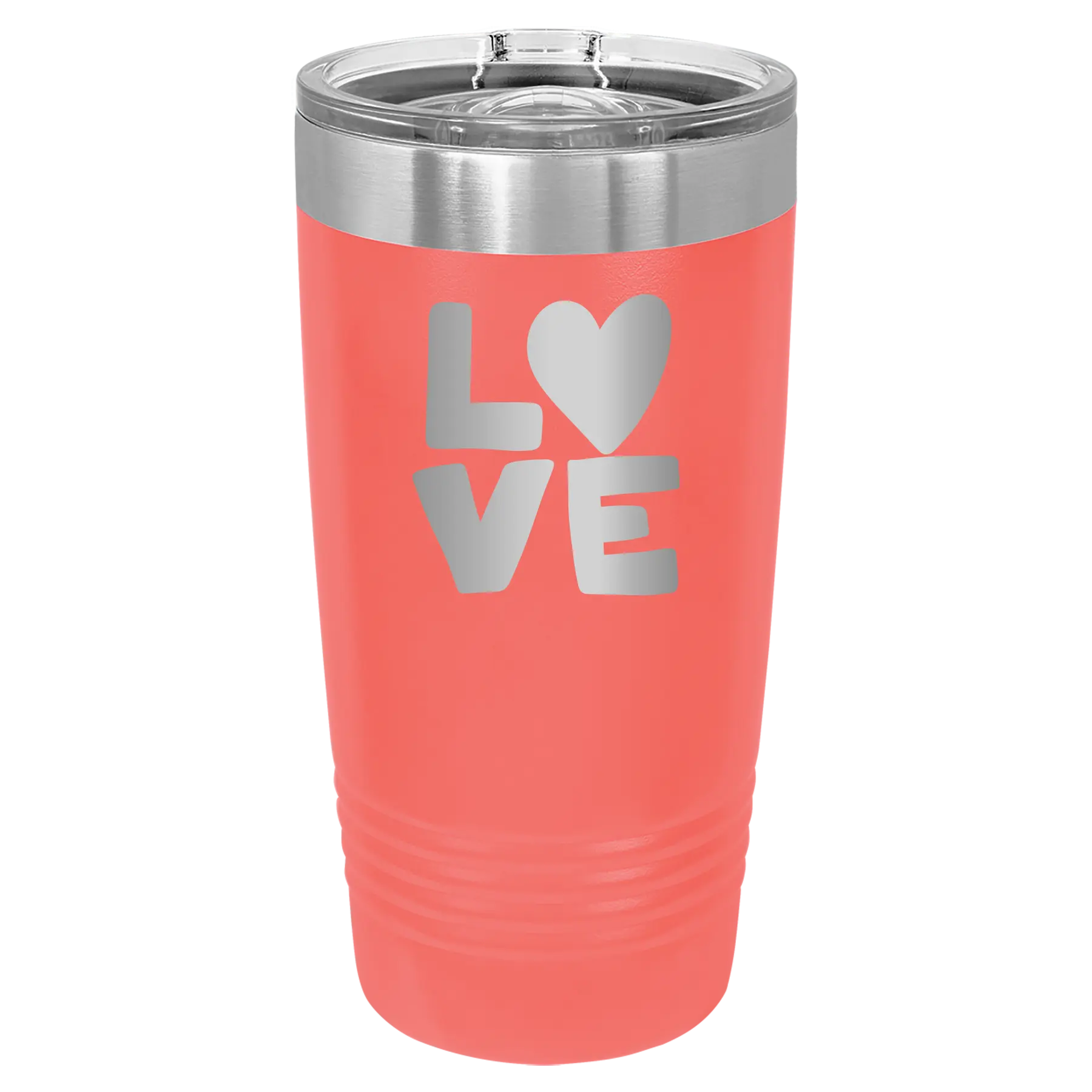 Laser etched coral 20 oz vacuum insulated tumbler with 'Love' design