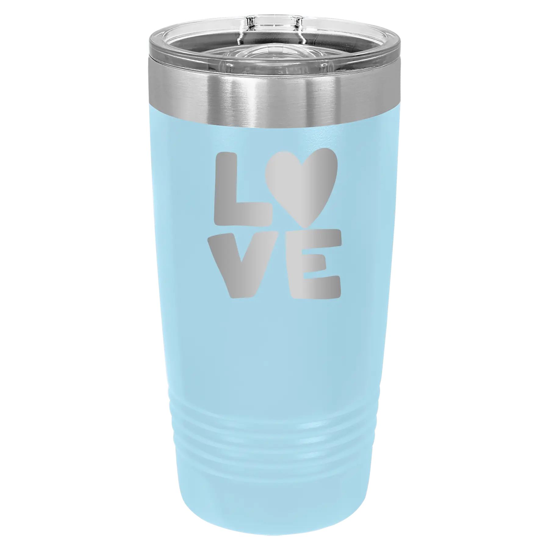 Laser etched light blue 20 oz vacuum insulated tumbler with 'Love' design