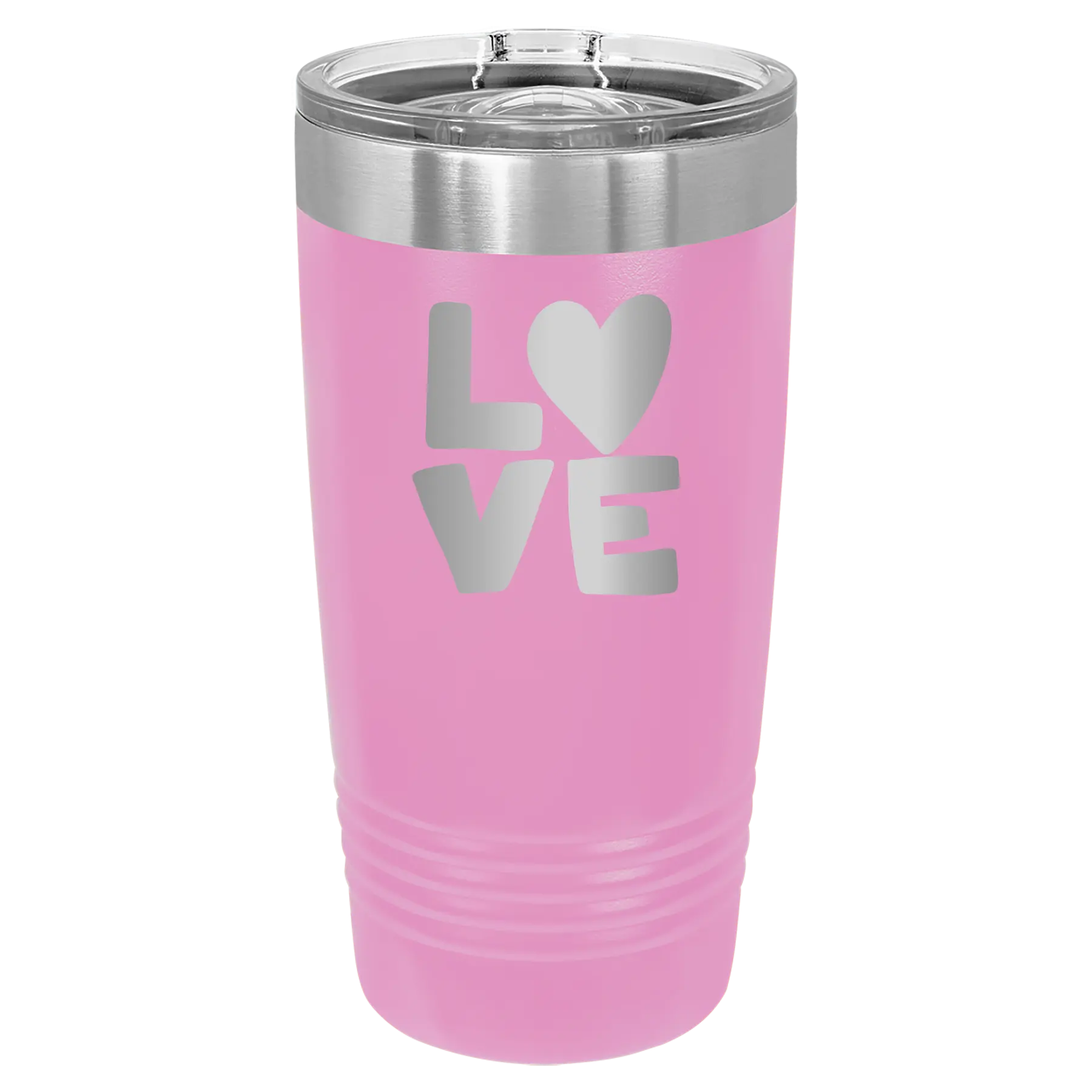 Laser etched light purple 20 oz vacuum insulated tumbler with 'Love' design