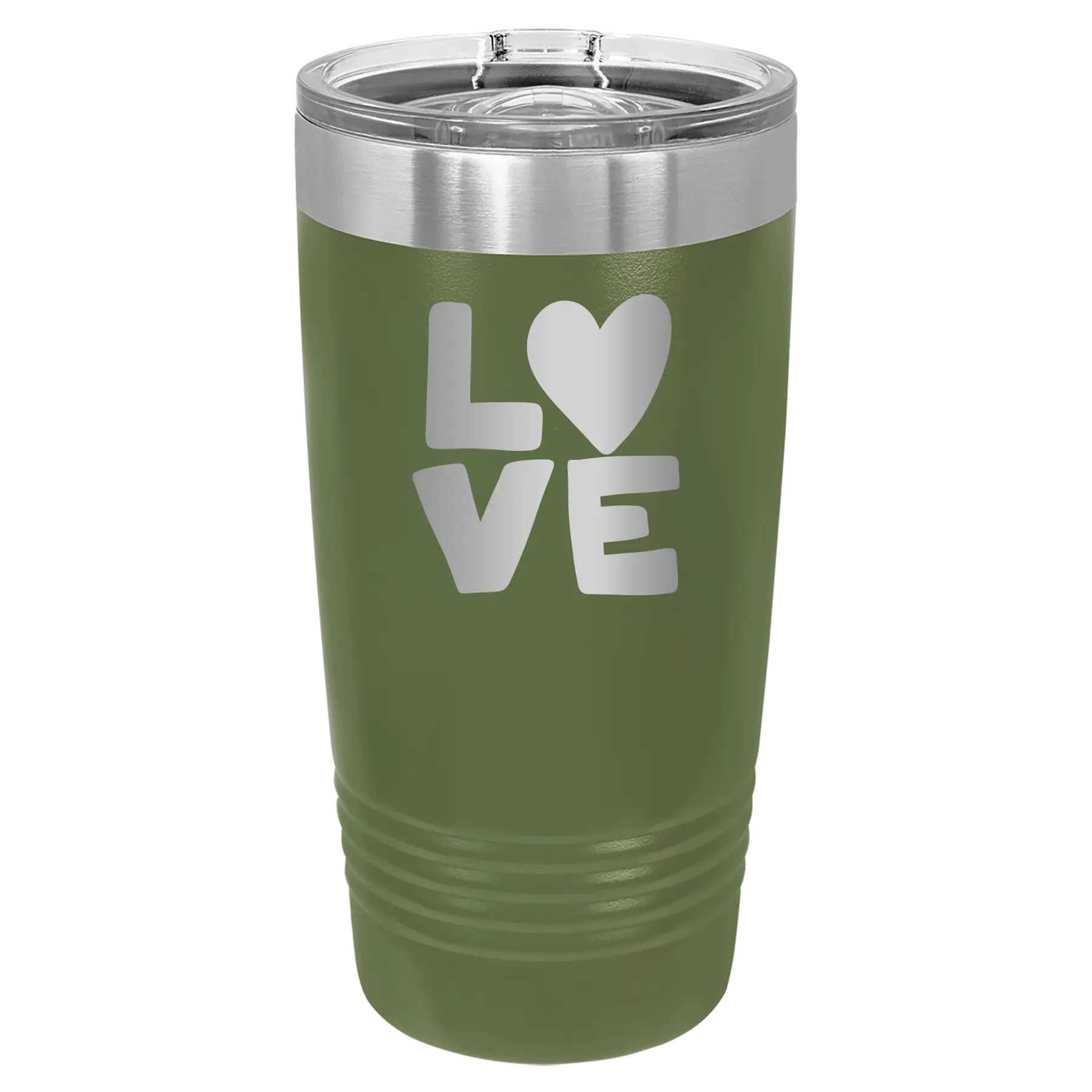 Laser etched olive green 20 oz vacuum insulated tumbler with 'Love' design