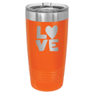 Laser etched orange 20 oz vacuum insulated tumbler with 'Love' design