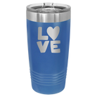 Laser etched royal blue 20 oz vacuum insulated tumbler with 'Love' design