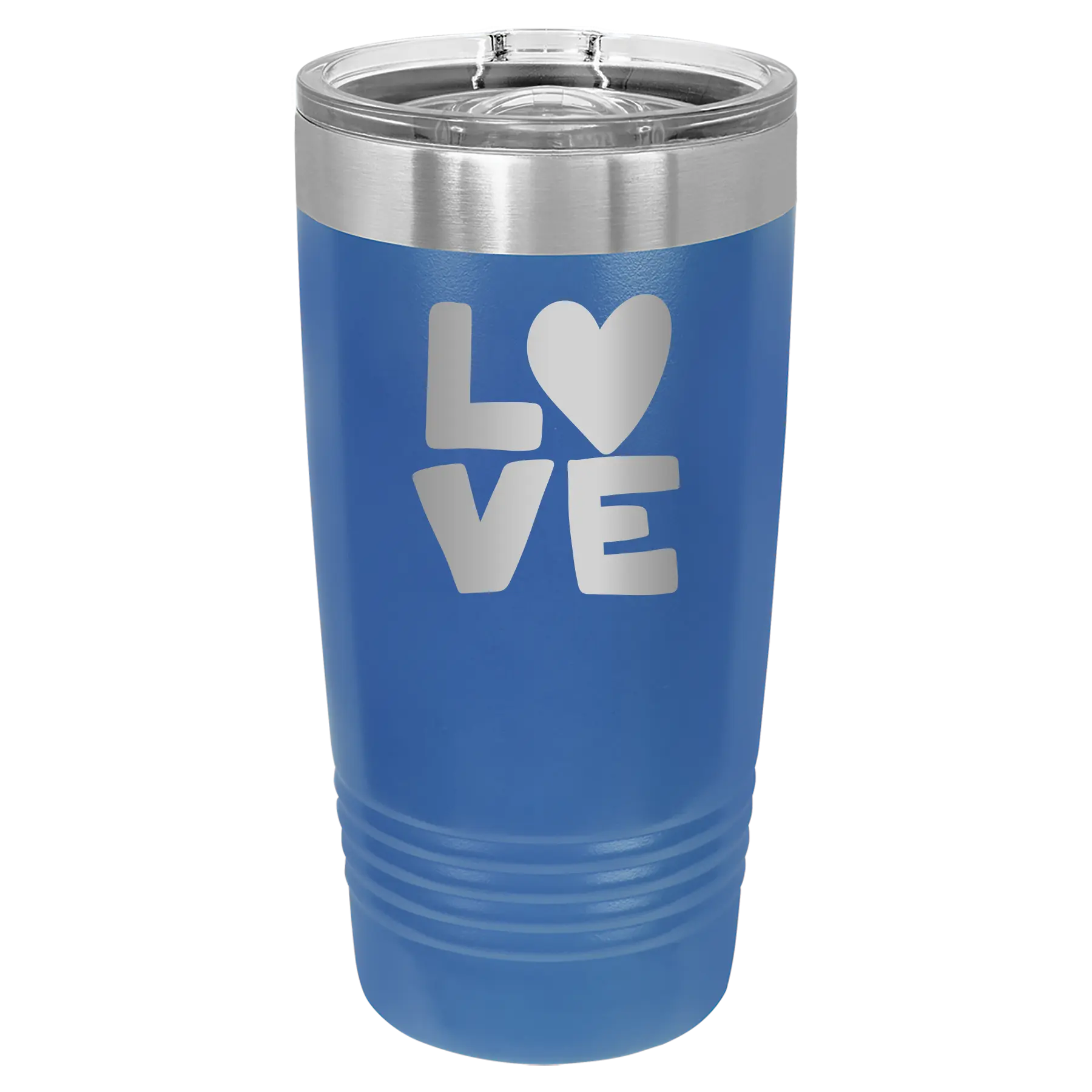 Laser etched royal blue 20 oz vacuum insulated tumbler with 'Love' design