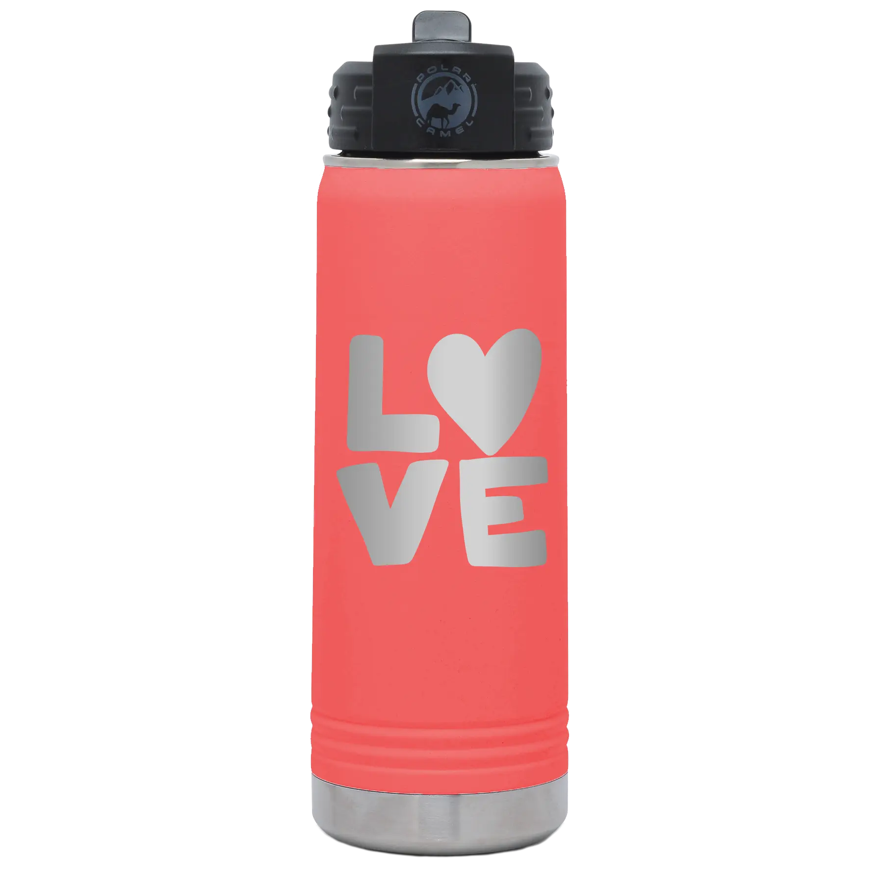 Laser etched coral 20 oz vacuum insulated water bottle with 'Love' design