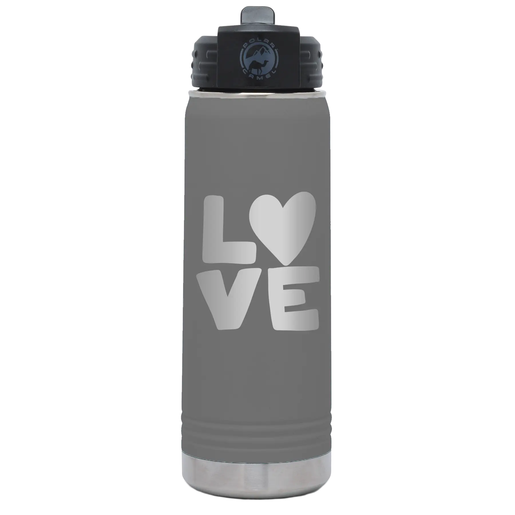 Laser etched dark gray 20 oz vacuum insulated water bottle with 'Love' design