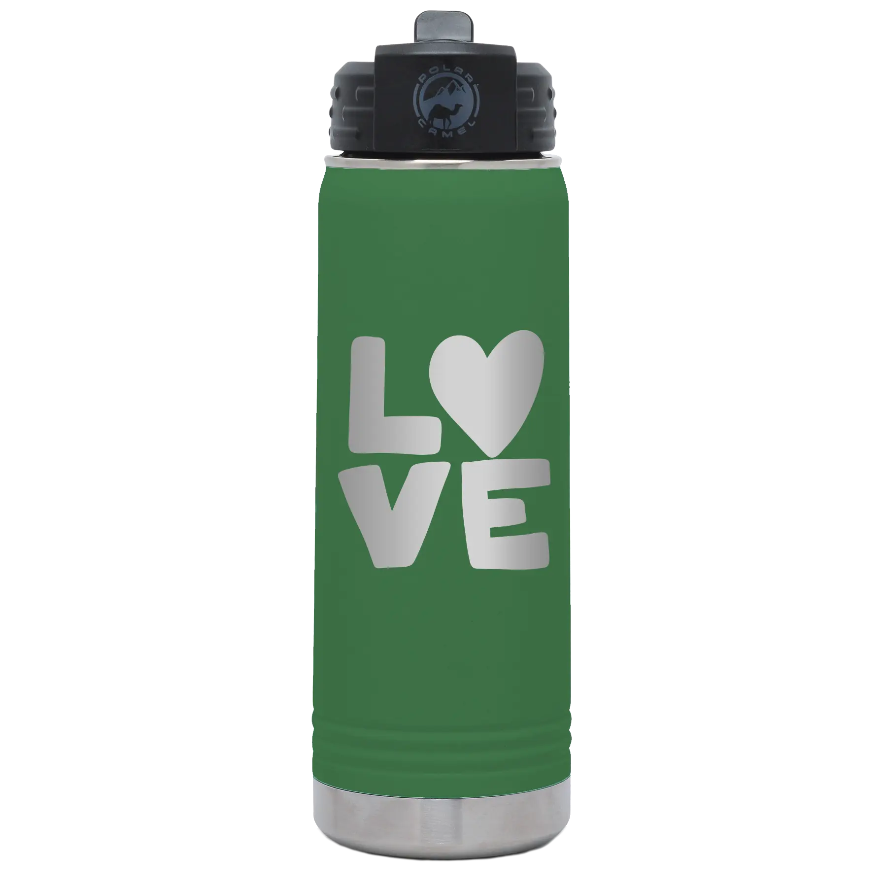 Laser etched green 20 oz vacuum insulated water bottle with 'Love' design