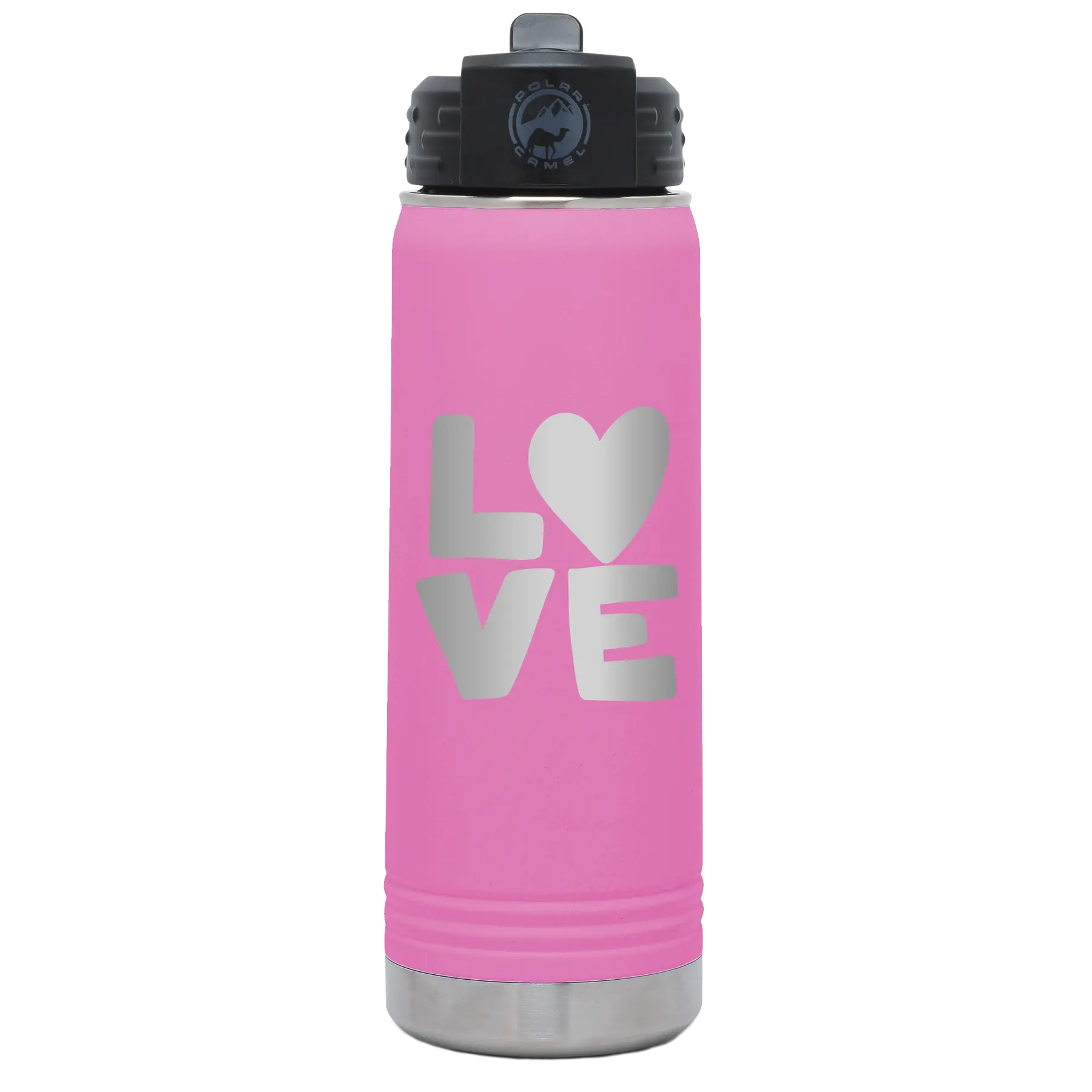 Laser etched light purple 20 oz vacuum insulated water bottle with 'Love' design