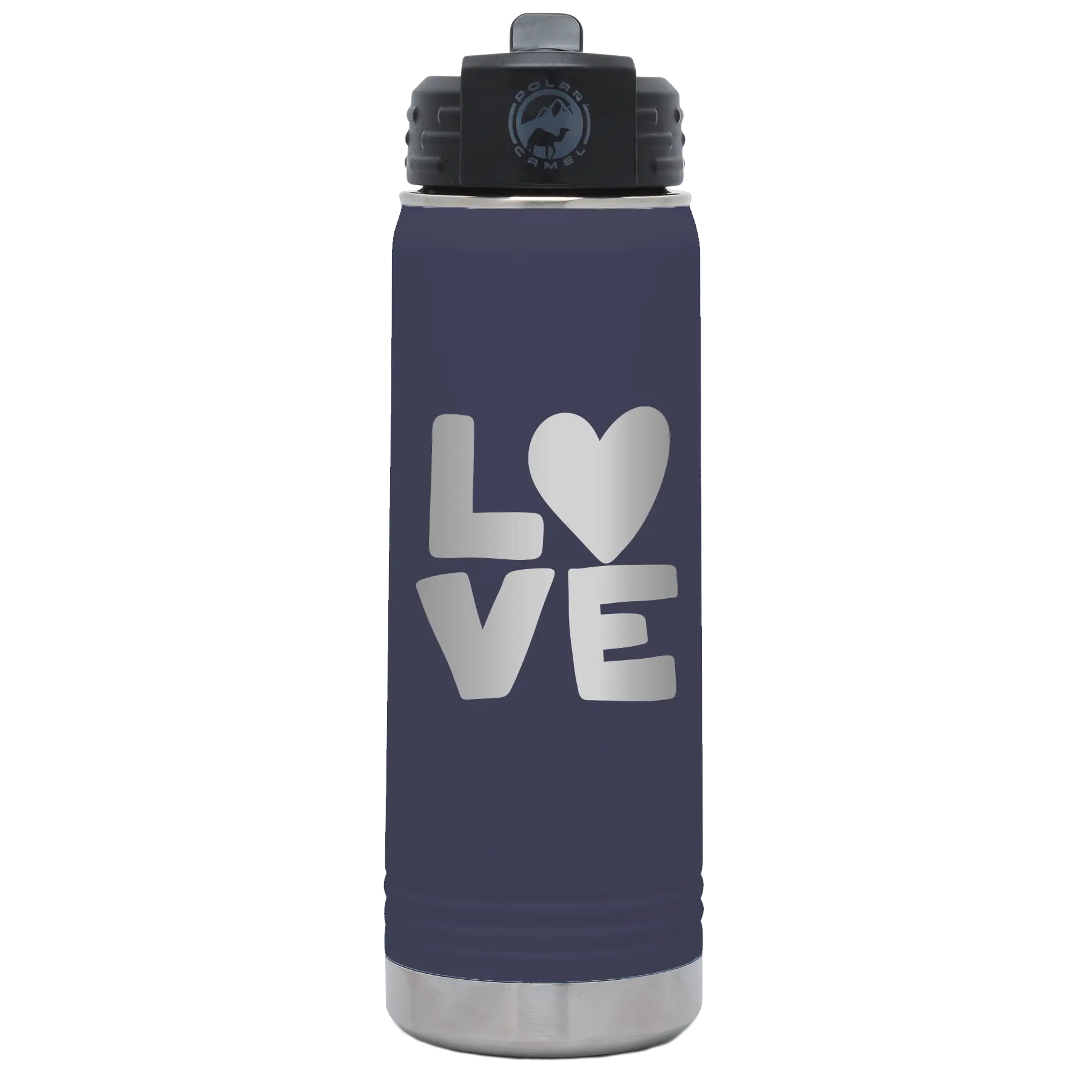 Laser etched navy 20 oz vacuum insulated water bottle with 'Love' design
