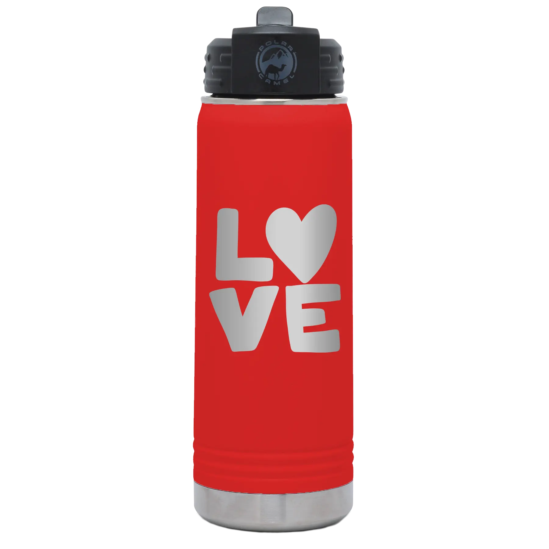 Laser etched red 20 oz vacuum insulated water bottle with 'Love' design