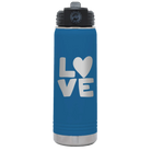 Laser etched royal blue 20 oz vacuum insulated water bottle with 'Love' design
