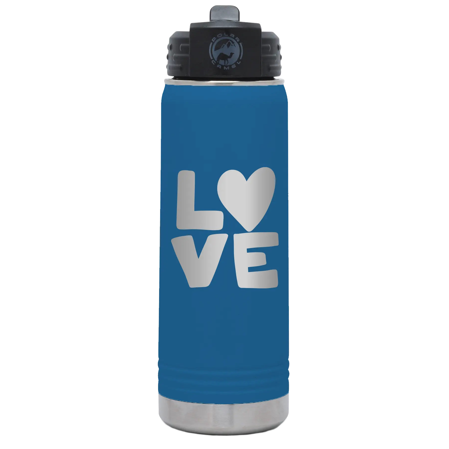 Laser etched royal blue 20 oz vacuum insulated water bottle with 'Love' design