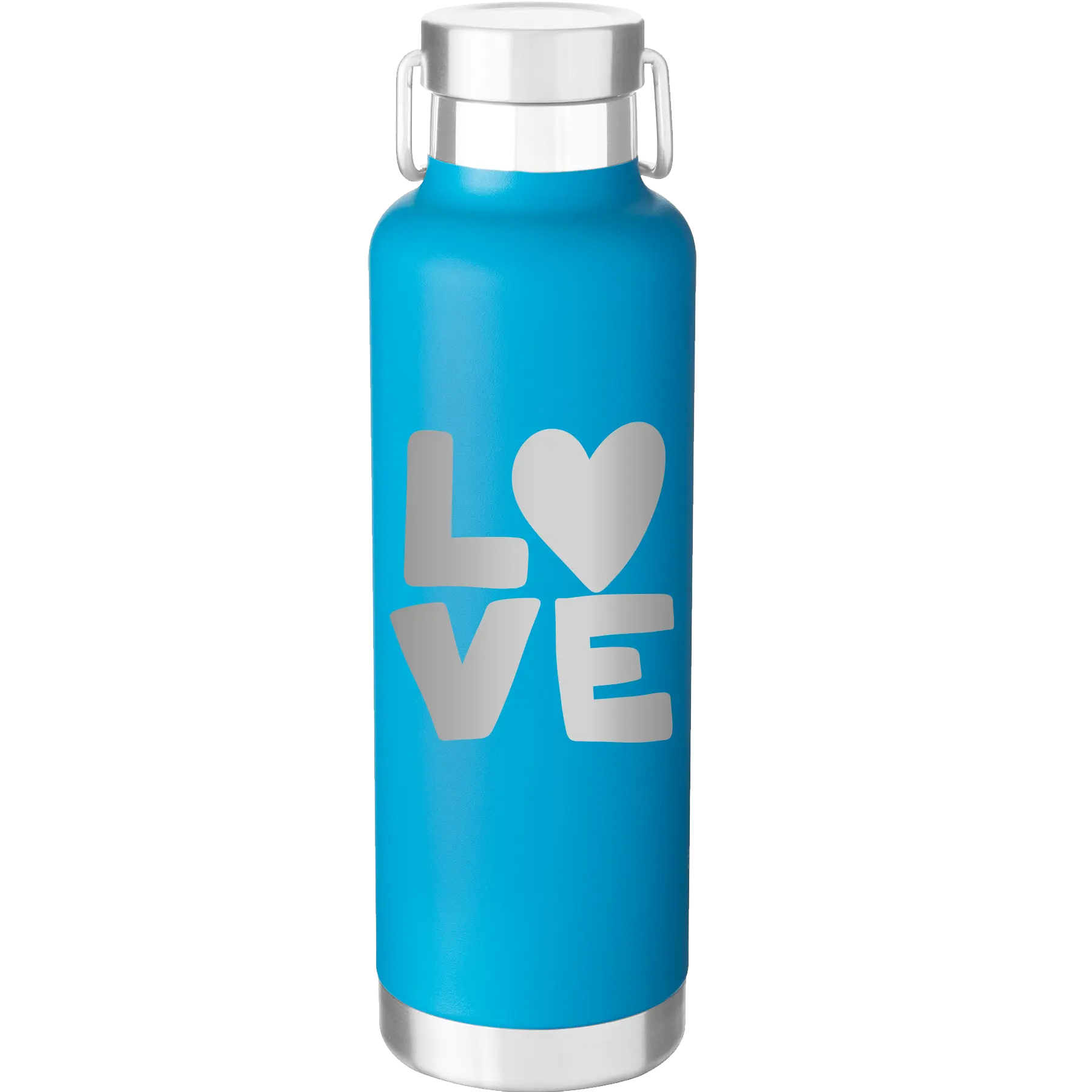 Laser etched aqua 24 oz vacuum insulated water bottle with 'Love' design