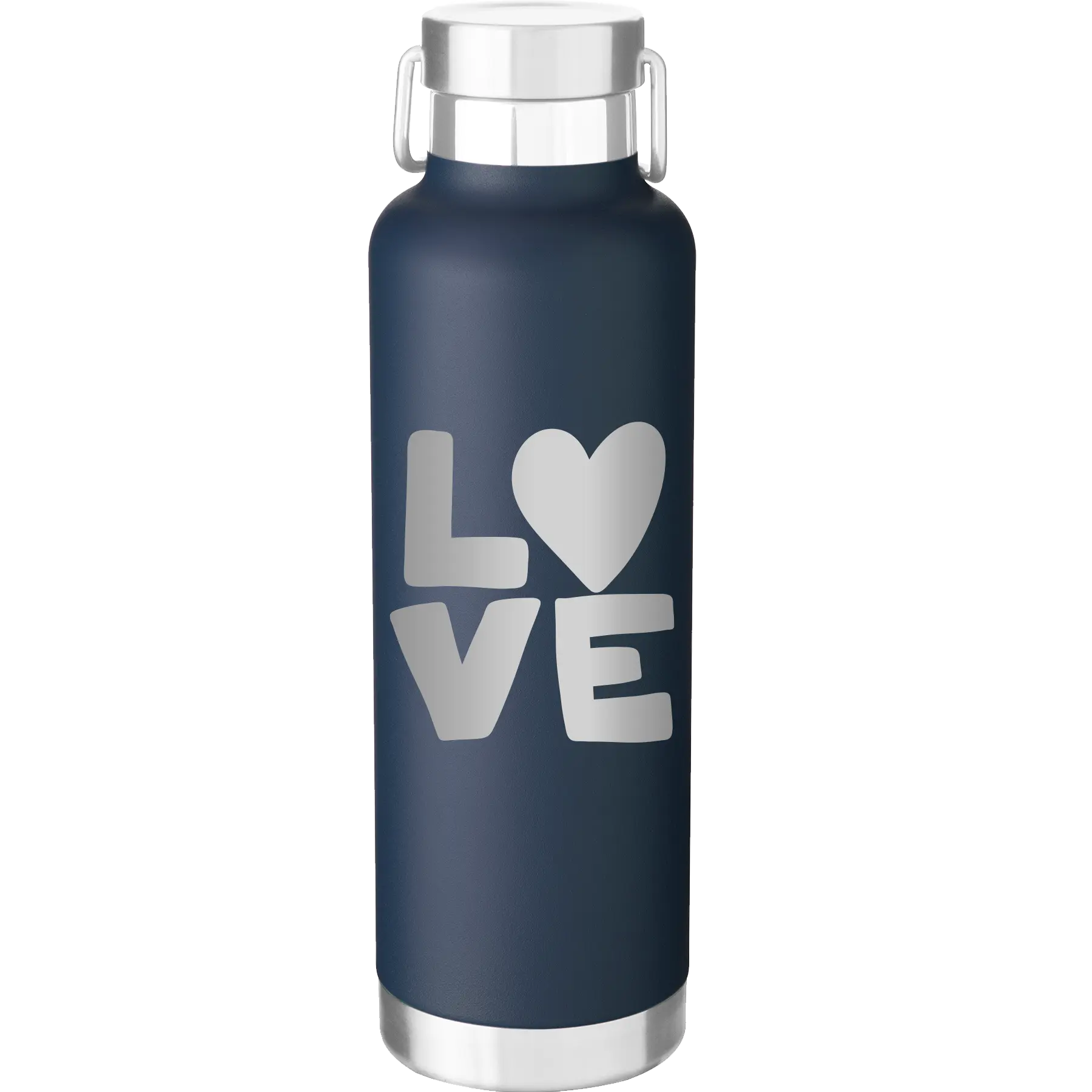 Laser etched navy 24 oz vacuum insulated water bottle with 'Love' design