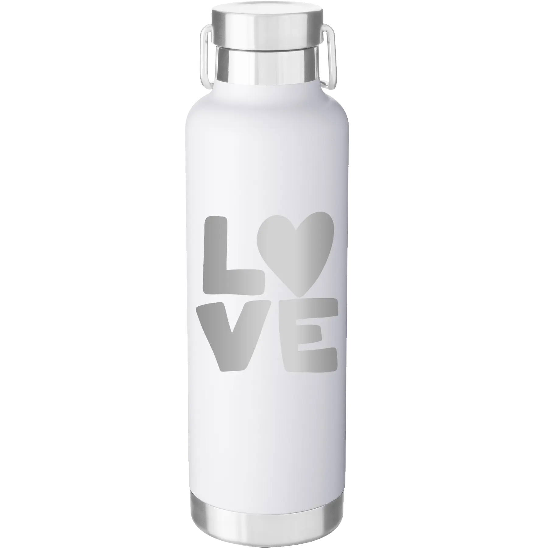 Laser etched white 24 oz vacuum insulated water bottle with 'Love' design