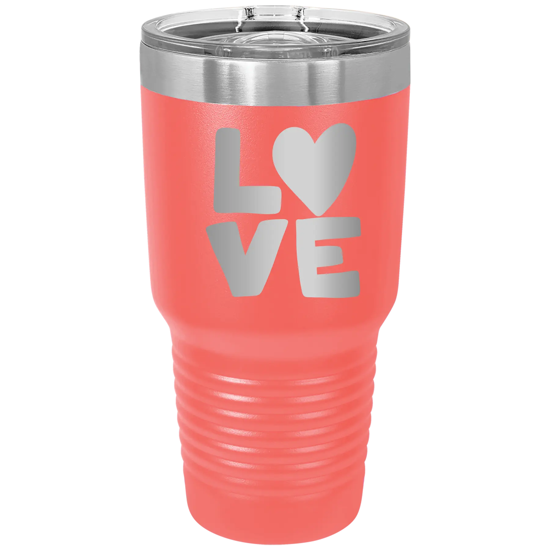 Laser etched coral 30 oz vacuum insulated tumbler with 'Love' design
