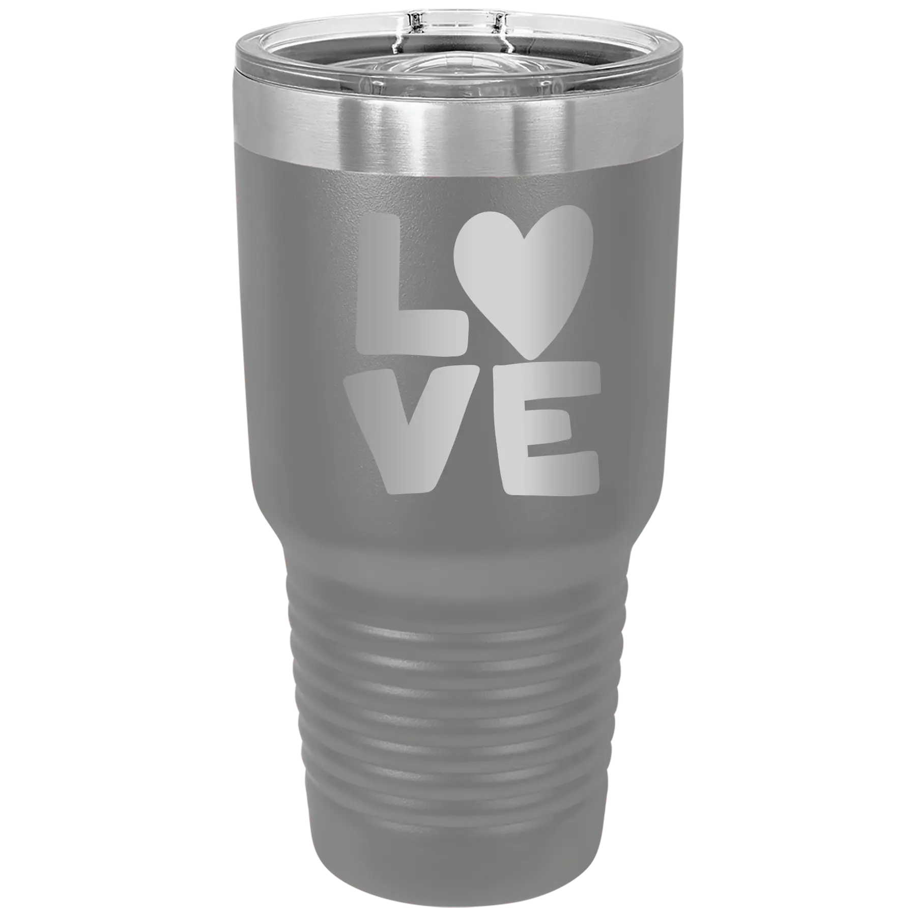 Laser etched dark gray 30 oz vacuum insulated tumbler with 'Love' design